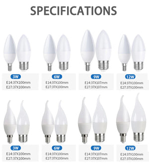 10-Pack E14 E27 LED Candle Bulbs 220V 3W-9W Chandelier Lamp Bedroom Energy Saving Decor Lights