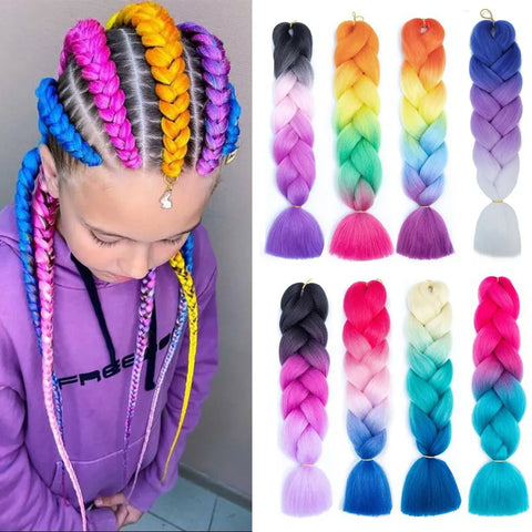 24" Jumbo Box Braids Extensions Synthetic Hair for DIY Braiding - Pink, Purple, Yellow, Gray