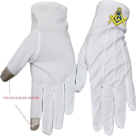 Freemasonry Gloves with Golden Square & Compass, Anti-Slip Dot, Touch Screen Compatible, Polyester, White