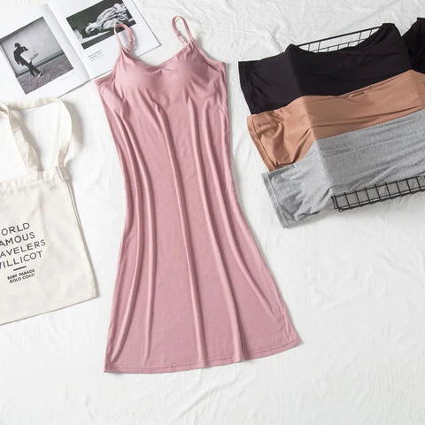 2024 Sexy Women's Modal Nightgown with Bra Pads, Knee Length Suspender Sleep Dress, Large Size Home Wear