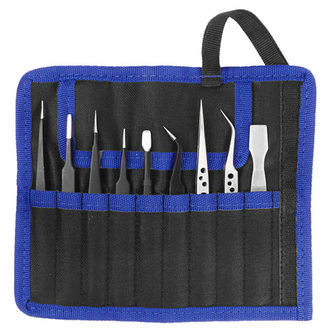9-Piece Stainless Steel Precision Tweezers Set Anti-Static for Electronics & Mobile Repair Tools