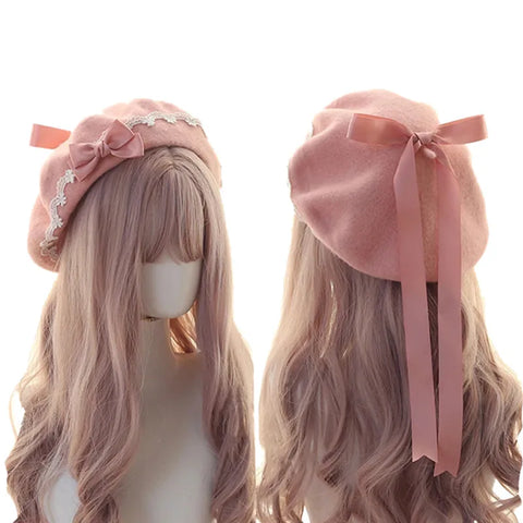Cute Bowknot Beanie Beret Hat for Women and Men - Casual Pink Artist Cap, Unisex Dome Style