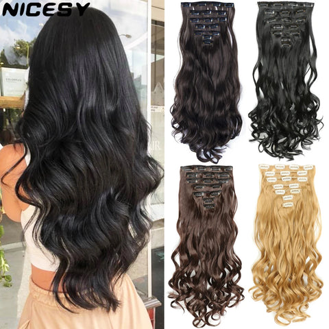 24" Ombre Black Brown Blonde Curly Hair Extensions, 16 Clip-In Heat Resistant Synthetic Hairpiece for Women