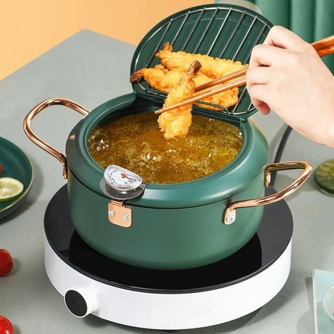 Green Stainless Steel Deep Frying Pot with Thermometer - Tempura Fryer Pan for Fried Chicken & Cooking Tools