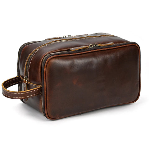 Cowhide Leather Toiletry Bag for Men & Women, Cosmetic Storage, Genuine Leather Dopp Kit, Handbag for Makeup & Travel