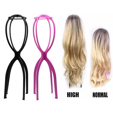 Adjustable 50cm Black/Pink Wig Stand Holder | Portable Folding Plastic for Long Wig Styling Display