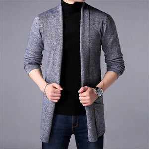 "2024 Men's Slim Long Knitted Sweater Coat, Autumn Casual Cardigan Jacket, Solid Color"