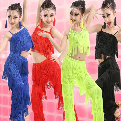 Girl's Sequin Fringe Latin Dance Dress Set with Tassels & Pants - Kids Ballroom Salsa Samba Costume