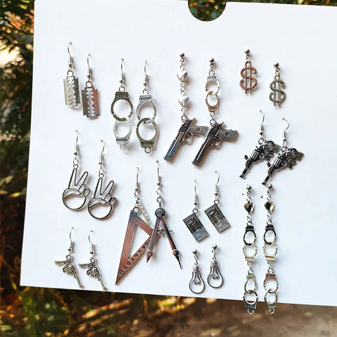 Ancient Silver Handcuff Blade Gun Drop Earrings Punk Gothic Metal Jewelry
