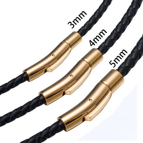 Black Leather Necklace for Men/Women, 3/4/5mm Choker Braided Cord w/ Stainless Steel Magnetic Clasp