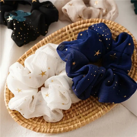 Gold Star Elastic Chiffon Hair Scrunchies Pack - Wholesale Cute Printed Scrunchies