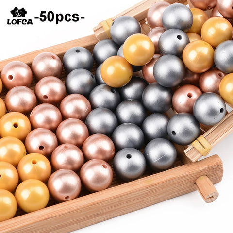 50 Silver Teething Beads - 12/15mm Metallic Gold Print Silicone, Food Grade, Chewable for Infants