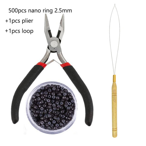 500pcs 2.5mm Silicone Nano Rings for Hair Extensions with Dreadlock Tool Kit, Pliers, and Loop Needle