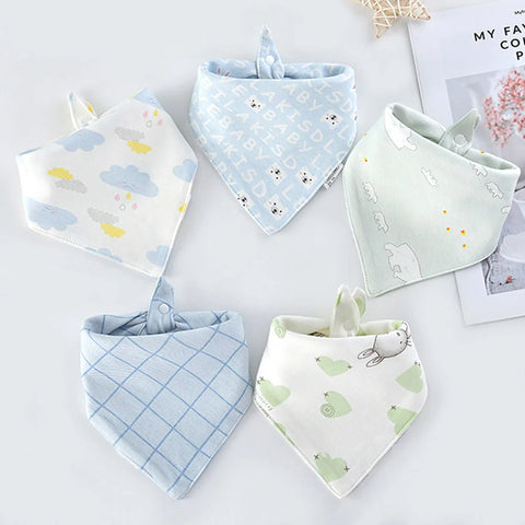 5-Pack Baby Bibs Triangle Cotton Cartoon Print Saliva Towels Feeding Aprons Bandana Style