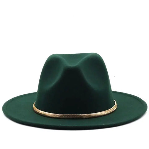 Black/Green Wide Brim Church Derby Panama Fedora for Men Women - Wool Blend Felt Jazz Hat