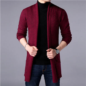"2024 Men's Slim Long Knitted Sweater Coat, Autumn Casual Cardigan Jacket, Solid Color"