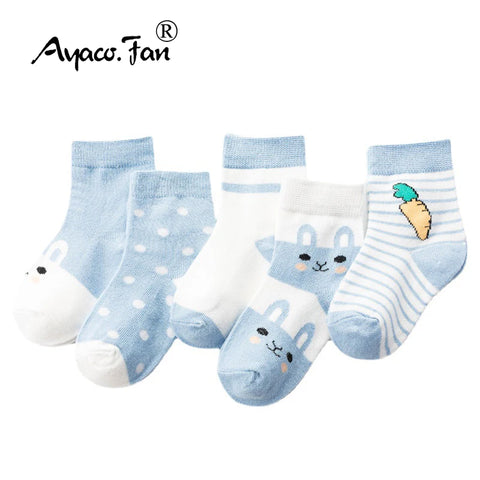 5 Pairs Cotton Baby Socks Striped Stretchy Soft Cartoon for Boys Girls 0-8 Years