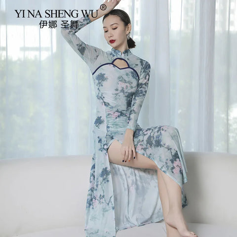 Cheongsam Stand Collar Classical Mesh Print High Slit Performance Dress