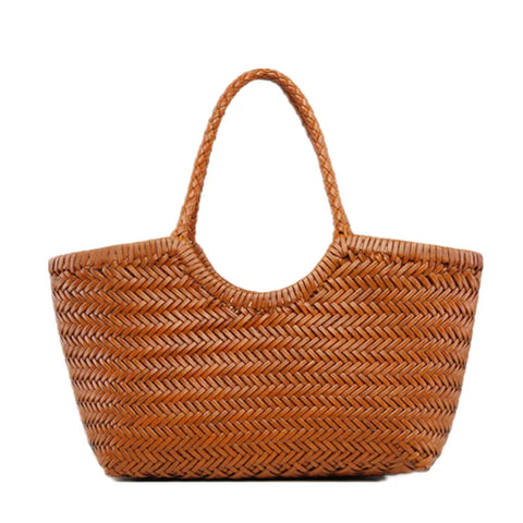Hand-Woven Genuine Leather Basket Tote with Inside Pouch - Vintage Casual Shopping Bag
