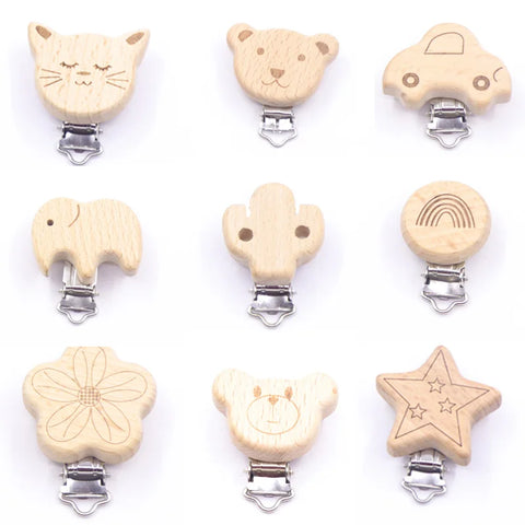 5pcs Cute Wood Cartoon Animal Pacifier Clip Set, Beech Chain Holder, DIY Baby Accessory, Natural Teething Clip