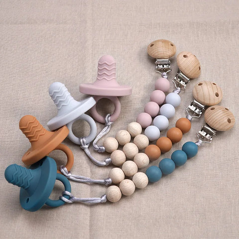Custom Baby Pacifier Clip - Wooden, Silicone, Metal Chain - Newborn Feeding & Comfort Accessory