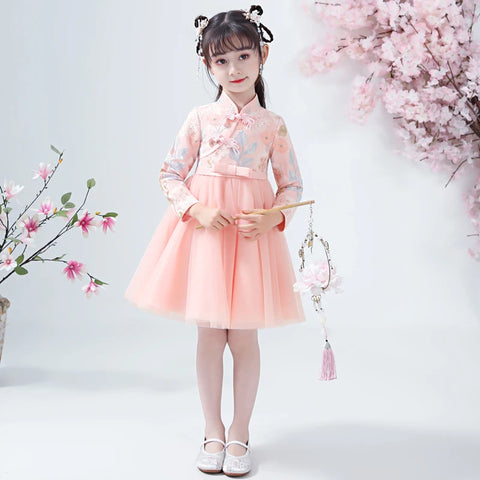 Flower Girl Lace Embroidery Cheongsam Dress - Chinese Hafu Kids Party & New Year Dress