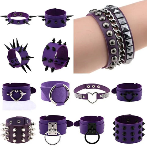 Gothic Purple Spike PU Leather Bracelet Set - Punk Boho Emo Charm Cuff Festival Jewelry