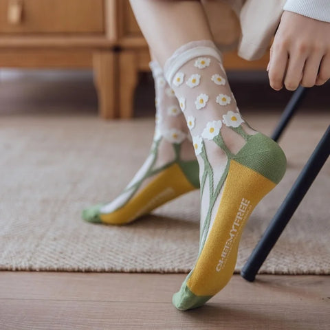 Harajuku Floral Sheer Glass Socks Women's Japanese Style Cute Summer Silky Transparent Socks