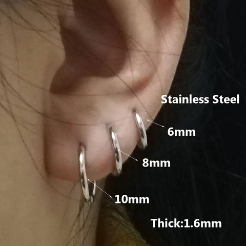 6pcs Stainless Steel Small Hoop Earrings - Simple Geometric Round Helix Piercing Jewelry