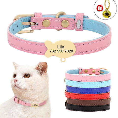 Custom Engraved Cat Collar with Bell & Fish Tag - ID for Small/Medium Cats