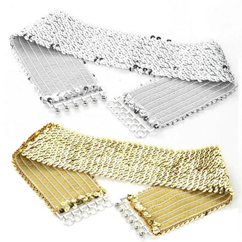 Gold Silver Sequin Elastic Wide Waist Belt for Women – Punk Sparkle Dress Accessory