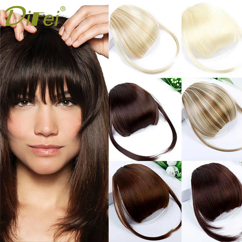 Black Brown Clip-On Bangs Hair Extensions Synthetic Fiber Fringe with Temples Curved Hairpieces