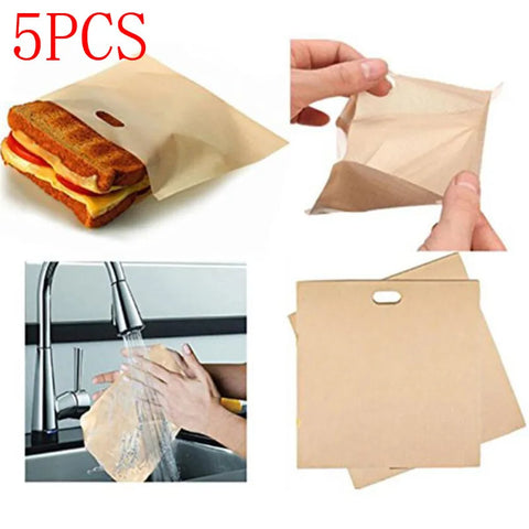 5-Pack Reusable Nonstick Sandwich Bags - Eco-Friendly, Microwave & Oven Safe Food Storage