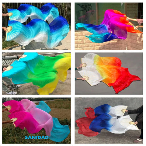 Gradient Multicolor Silk Belly Dance Fan Veils for Women - Long Folding Fans, Performance Props, 1 Pair