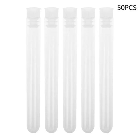 50 Pack 12x100mm Clear Plastic Test Tubes with Caps, Transparent Vials for School Lab Supplies