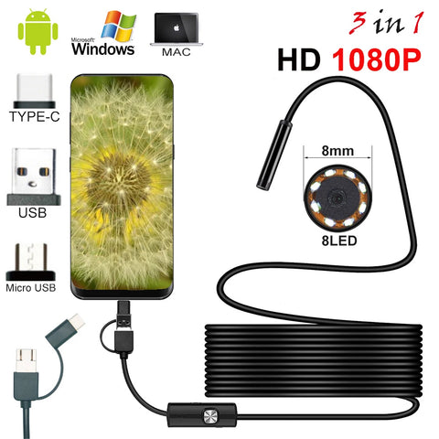 8mm 1080p HD USB Endoscope Camera, Waterproof Borescope with 8 LED, 1/2/5m Cable for Android PC Inspection