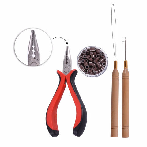 "Hair Extension Pliers Kit: 100 Micro Beads, Pulling Needle, 3-Hole Pliers Tool Set"