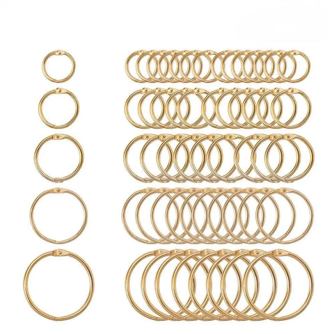 5pc 15-38mm Gold Metal Loose Leaf Binder Rings, Keychain Scrapbook Craft Hoops, Black Hinged Office Rings