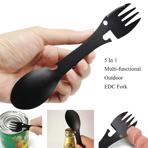 5-in-1 Outdoor Camping EDC Kit: Knife, Fork, Spoon, Bottle/Can Opener Survival Tool