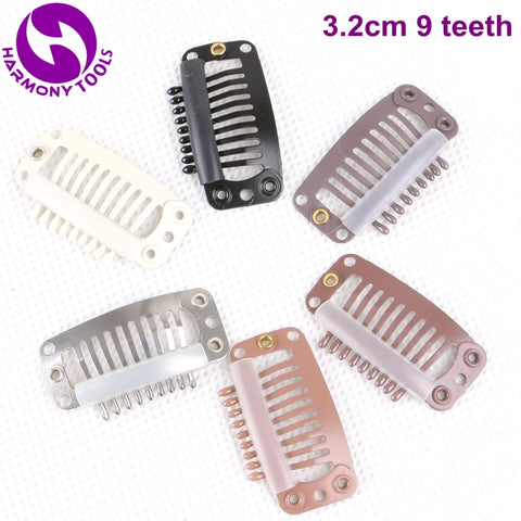 50 Hair Extension Clips 3.2cm 9 Teeth Stainless Steel Silicone Snap (Black, Dark/Mid/Light Brown, Blonde, Silver)