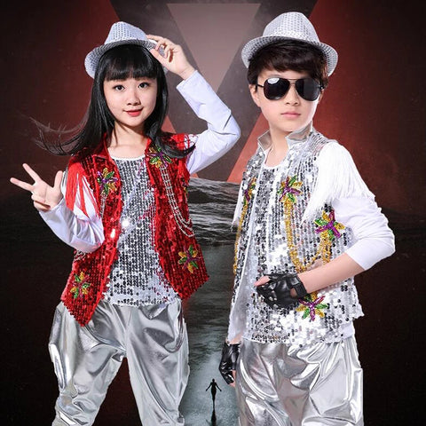 "3-Piece Kids Ballroom Dance Costume Sequined Jazz Hip Hop Performance Outfit"