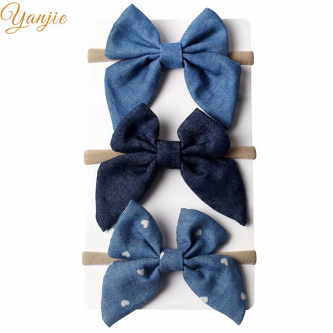 3pcs Trendy Denim Butterfly Hair Bow Set for Kids - Elastic Nylon Headbands, Popular Girls Hair Accessories