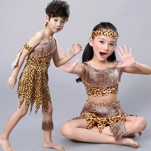 Halloween Child Leopard Costume - Savage Girl Indian Style, Stage Performance Outfit with Props, Flintstones Primitive Hunter Style