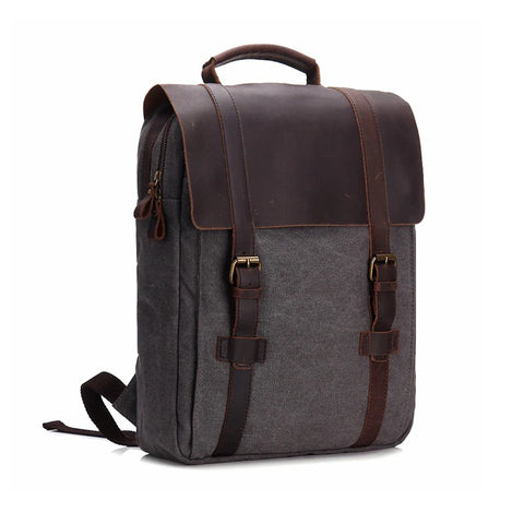 Girls Grey Canvas Backpack with Leather Cover - School & Travel Daypack