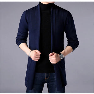 "2024 Men's Slim Long Knitted Sweater Coat, Autumn Casual Cardigan Jacket, Solid Color"