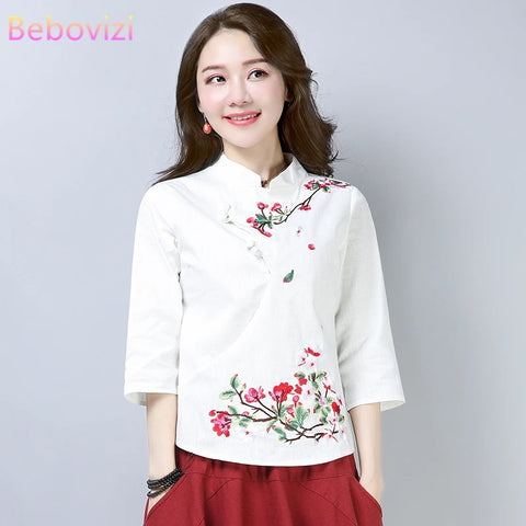 Blue White Embroidered Cotton Linen Qipao Shirt for Women - Retro Loose Hanfu Blouse Summer Top