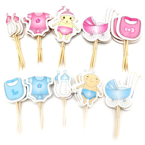 Baby Shower Cupcake Toppers Set - 24 Carriage, Bottle, Onesie Decorations - Pink/Blue Theme