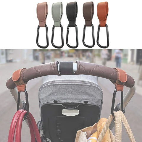 Baby Stroller Hooks Clips for Diaper Bags - Aluminum Alloy Carabiner Accessory with PU Leather
