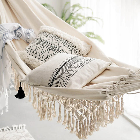 Boho Brazilian Double Hammock Chair with Macrame Fringe - Indoor 2-Person Hanging Swing