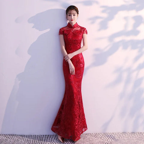 Elegant Lace Mermaid Cheongsam Dress 3XL Red Vintage Qipao Wedding Bride S-203